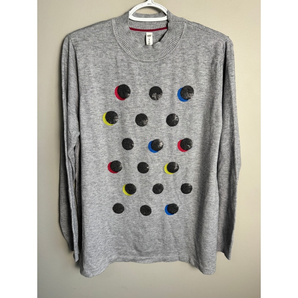 Scornzo Womens Gray Sequin Polka Dot Mock Neck Sweater M Whimsical Prep Casual